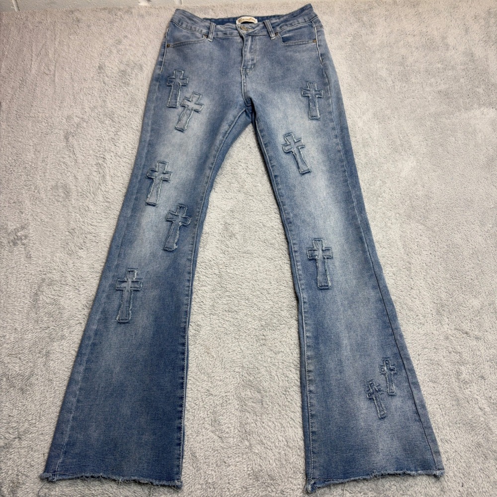 Bamboo Flare Jeans Women 11 Blue Cross Patch Raw Hem Stretch Denim R/A2249 25/28